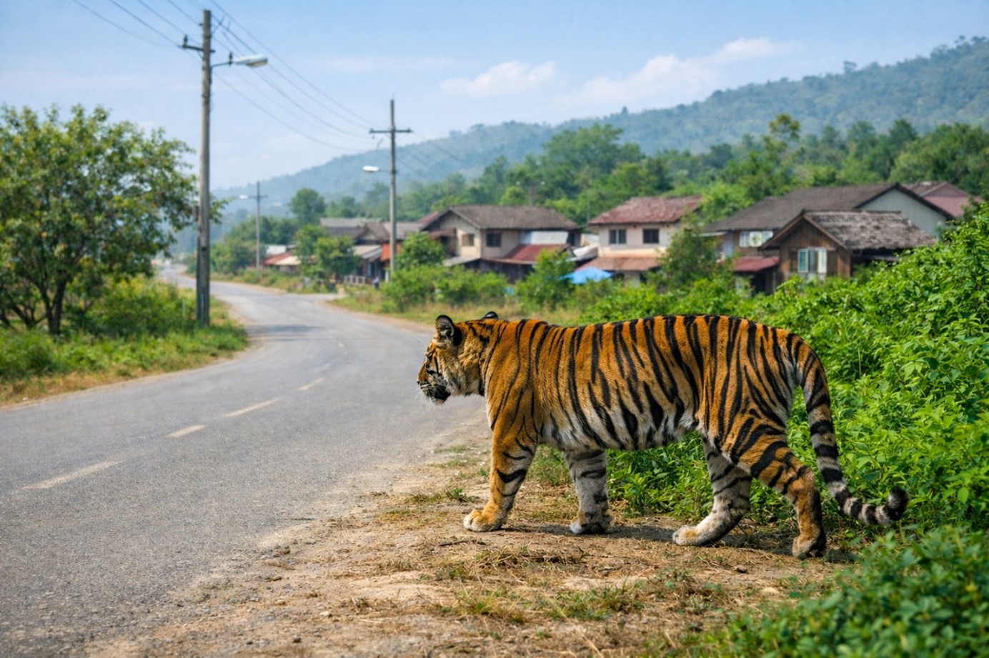 Tiger am Straßenrand bei einem kleinen Dorf am Tag; grüne Büsche, Häuser und Hügel im Hintergrund.