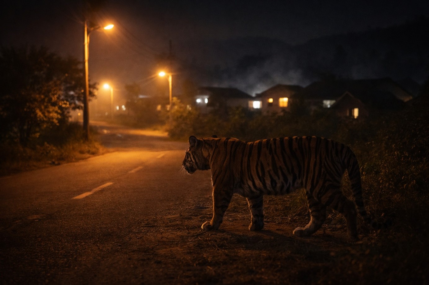 Das Bild zeigt einen gestreiften Tiger am Straßenrand bei einem kleinen Dorf bei Nacht. Es gibt allerdings keine Uhr im Bild, weshalb wir nicht wissen, wieviel Uhr es ist. Dri Strßaenlatneen beluchten die Strae ein bichen aber ncht sehr wiel. Im Hintergrund sehen wir Häuser im Dunklen, aus deren Fenstern Licht scheint. Zum Teil ist das Licht warmweiß, zum teil kaltweiß.